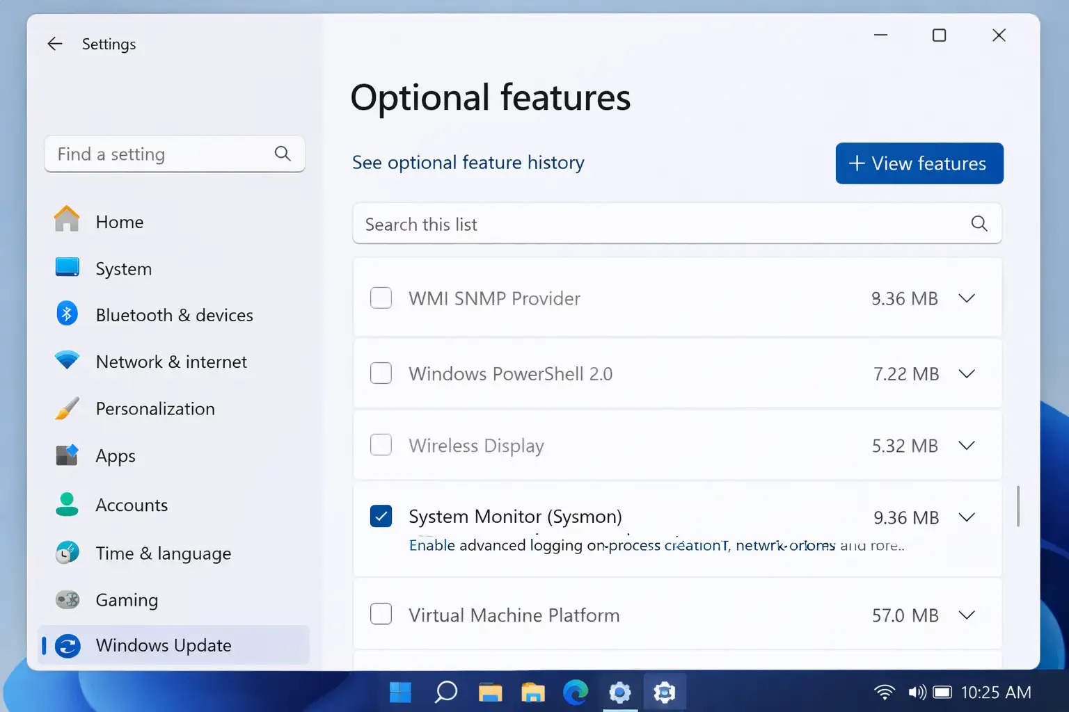4th Sysmon in optional features settings
