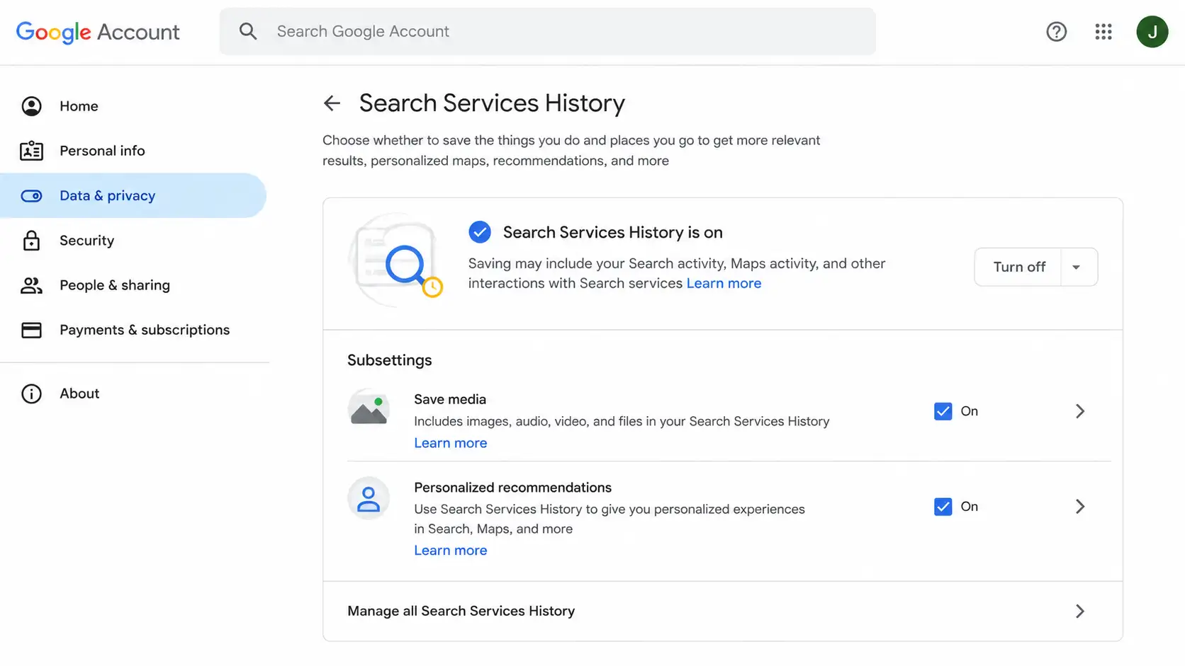 Google account data and privacy settings