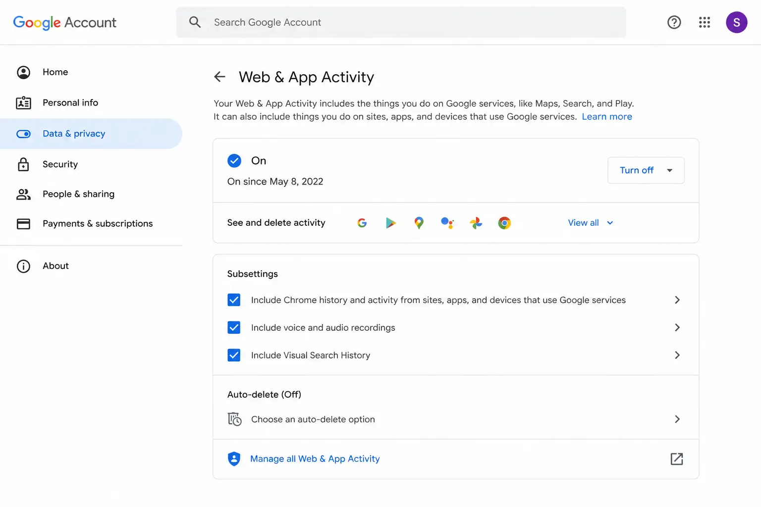 Google Account settings page overview