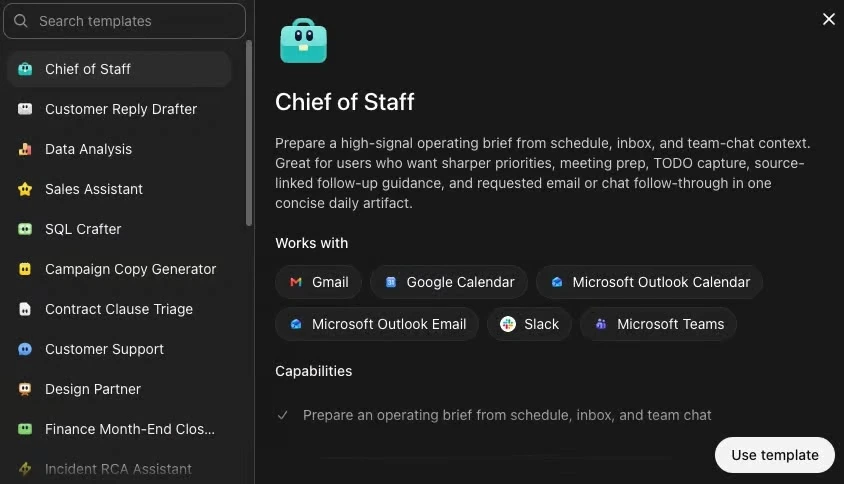 Chief of Staff agent template and connected workspace tools
