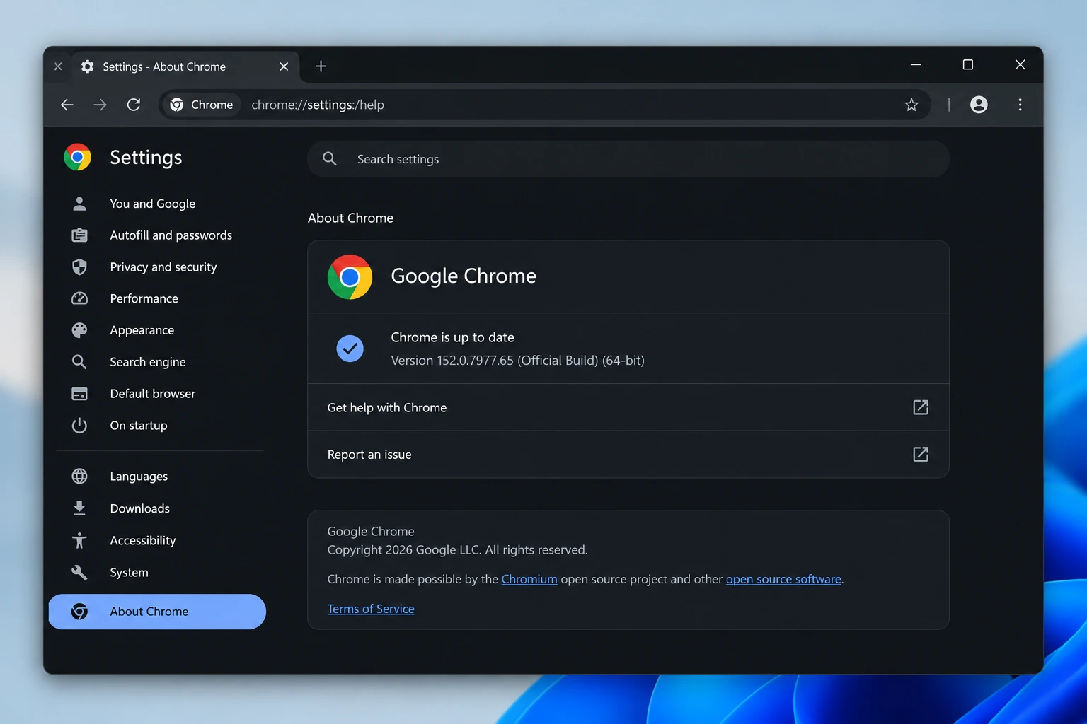 Chrome About Page in Dark Mode