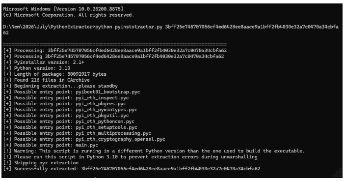 Command prompt showing successful extraction of Vanta Stealer PyInstaller files using PyInstxtractor