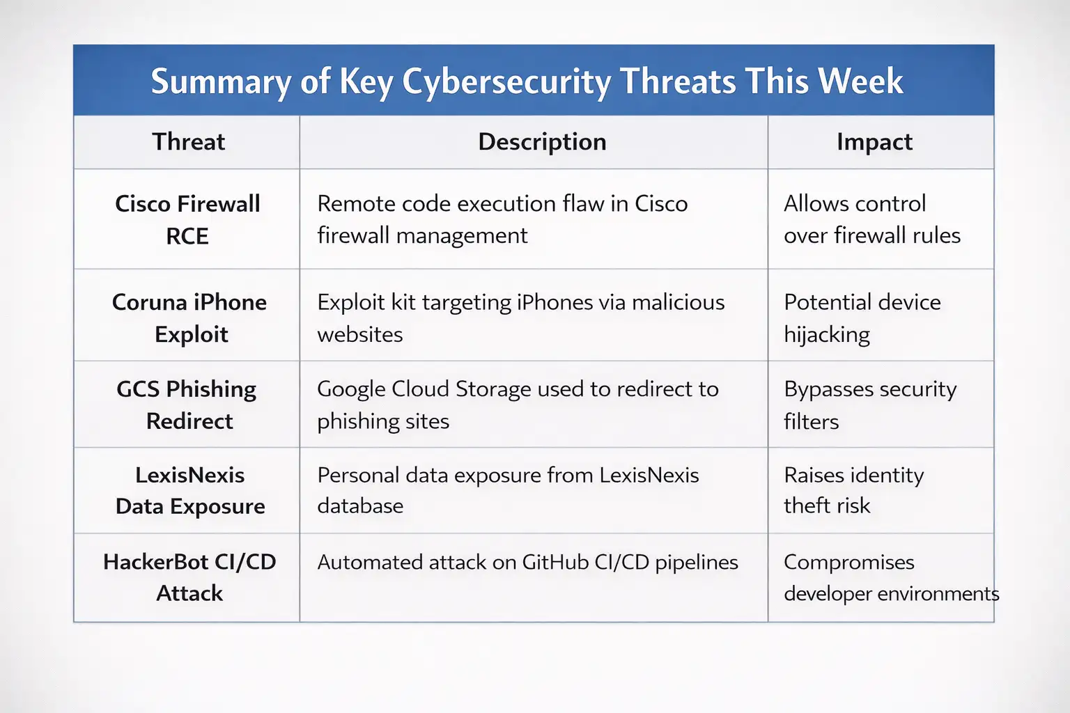 Cybersecurity threats summary table