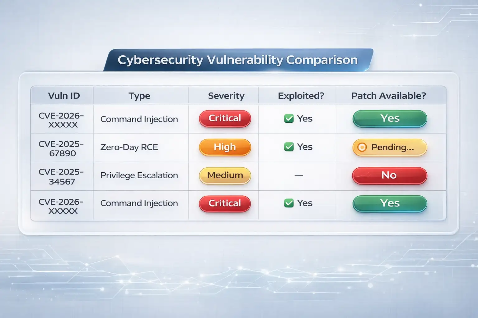 Cybersecurity vulnerability comparison table