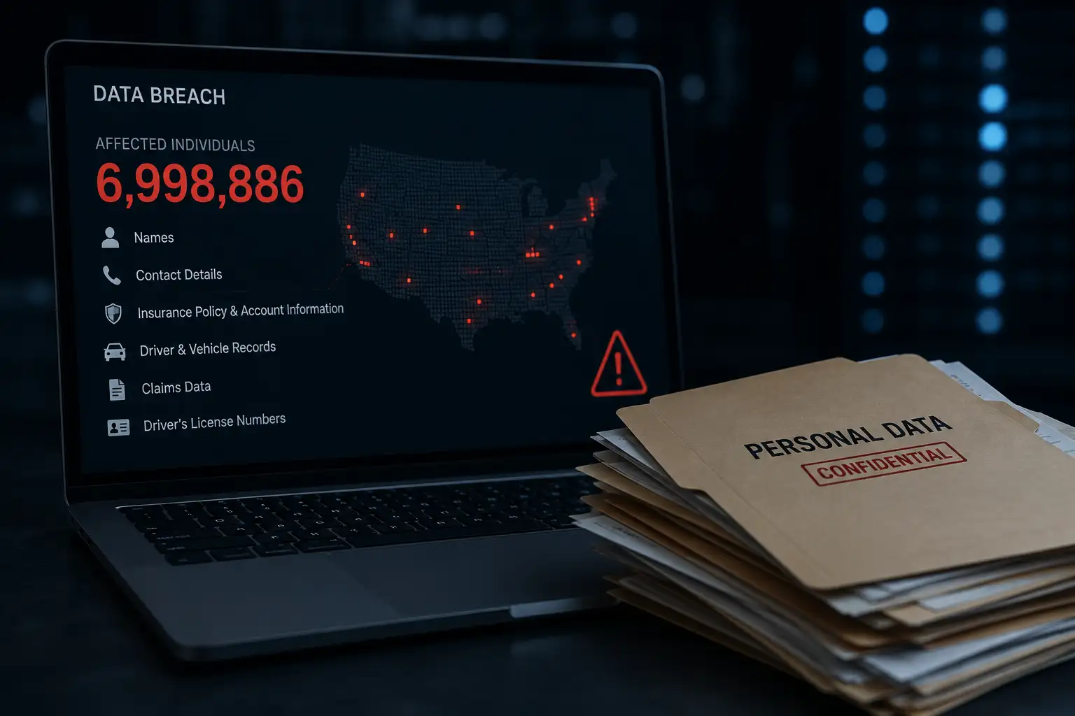 Data breach alert in dark office