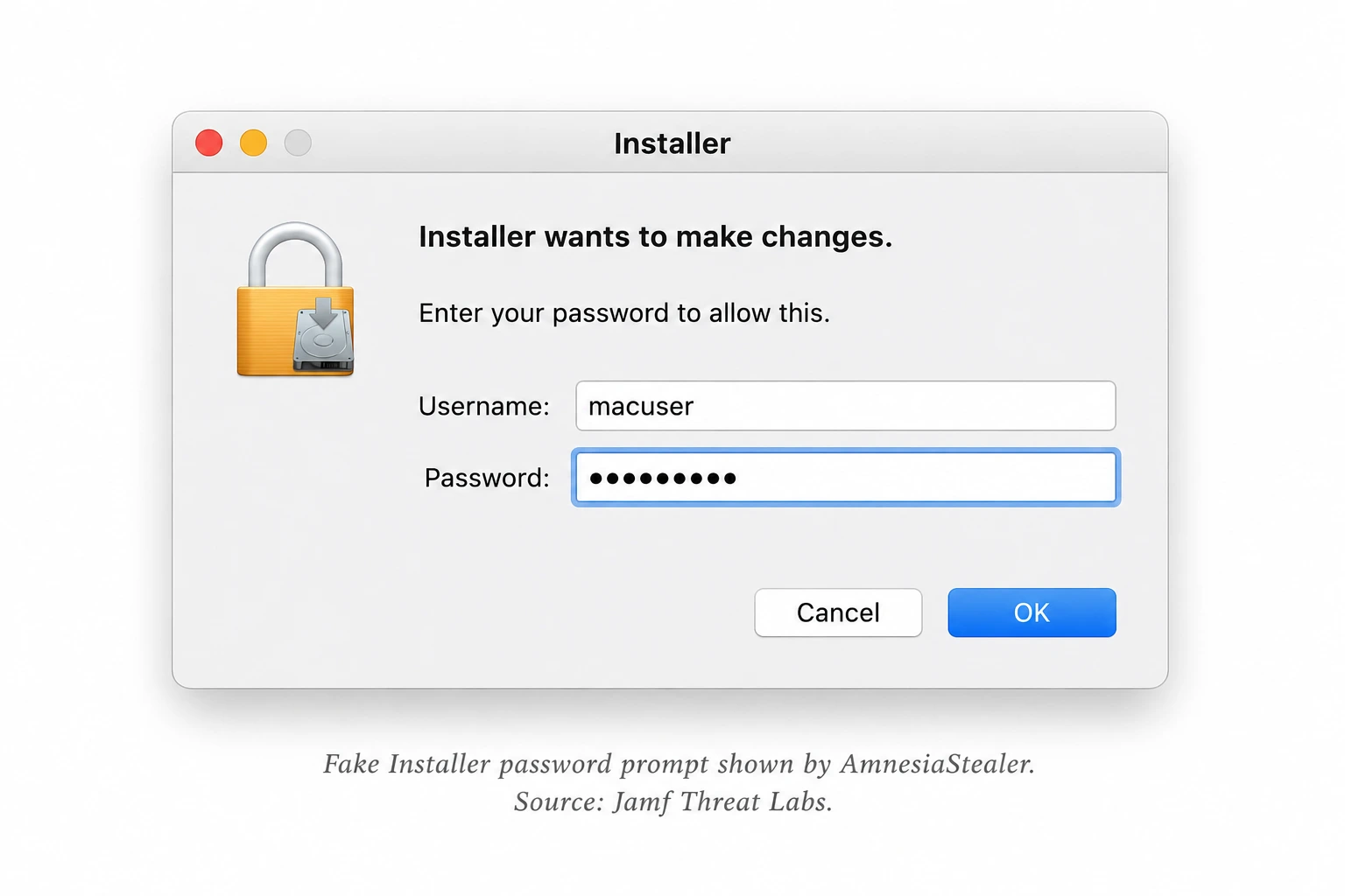 Fake macOS Installer password prompt used by AmnesiaStealer to capture a user’s login password Fake macOS Installer password prompt used by AmnesiaStealer to capture a userâs login password
