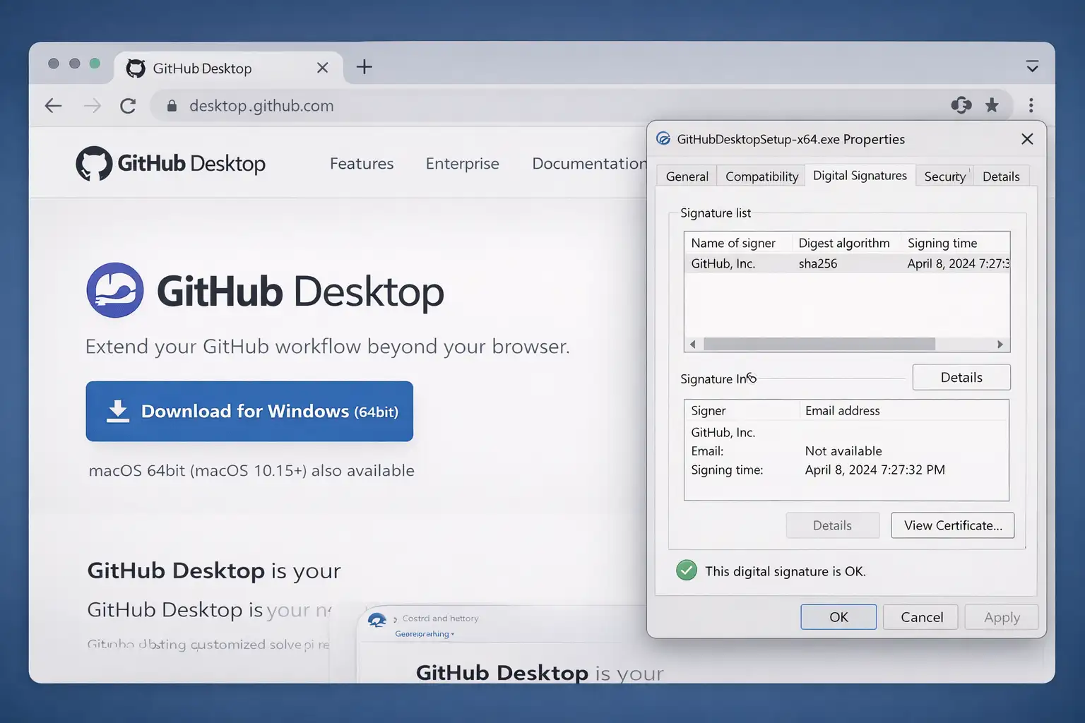 GitHub Desktop download and signature validation