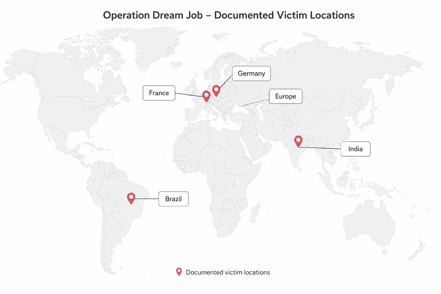Lazarus Operation Dream Job victim locations across Europe, India, and Brazil.