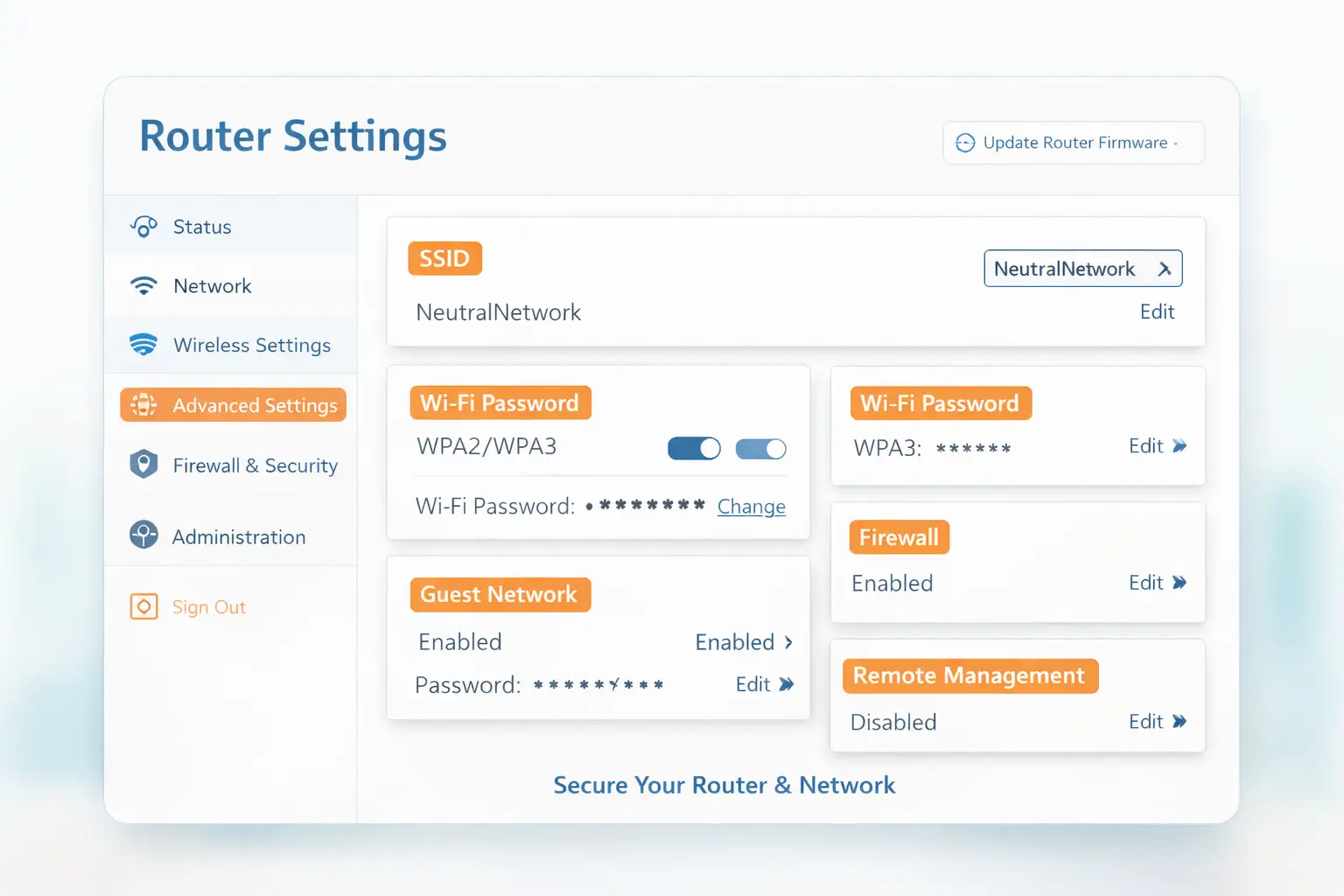 Router settings dashboard overview