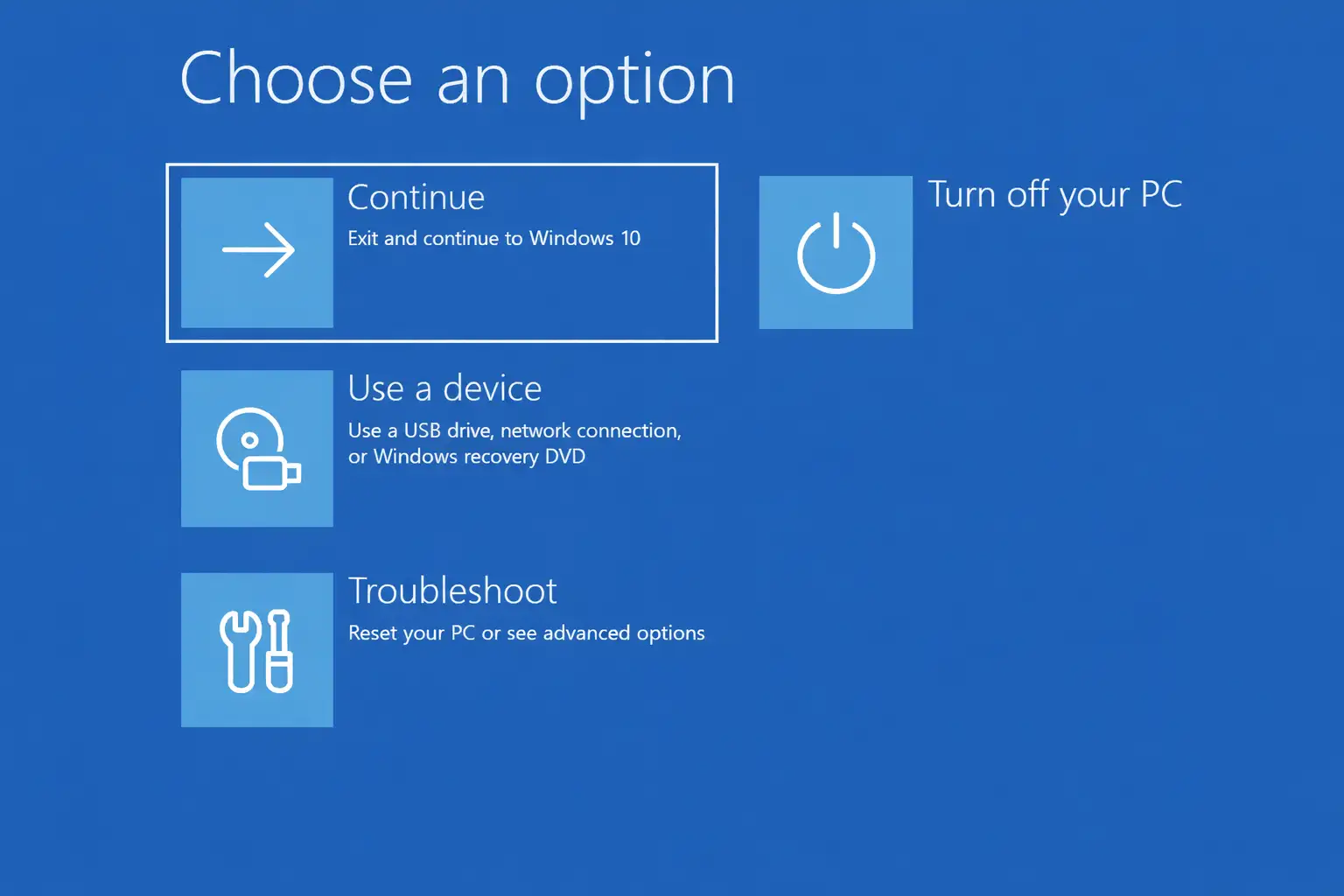 Windows recovery environment options menu